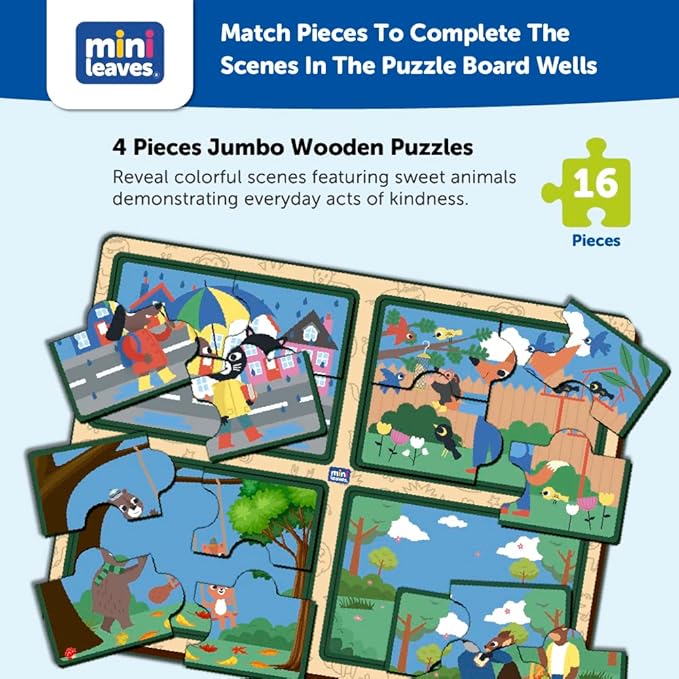 Mini Leaves Four 4 Piece Act of Kindness Jumbo Pieces Wooden Puzzle Set of 4 Chunky Jigsaw Puzzle for Kids | Educational Puzzle Game