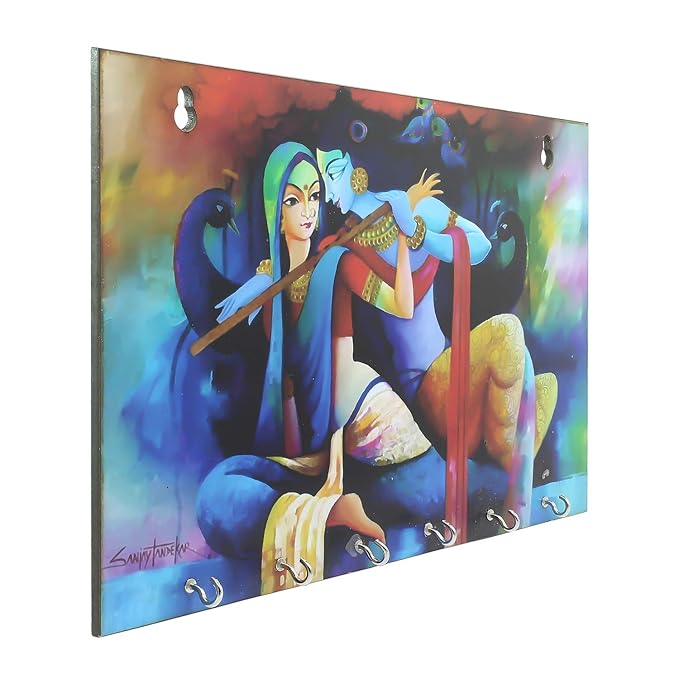 Ecraftindia Radhe Krishna Theme Wooden Key Holder With 6 Hooks