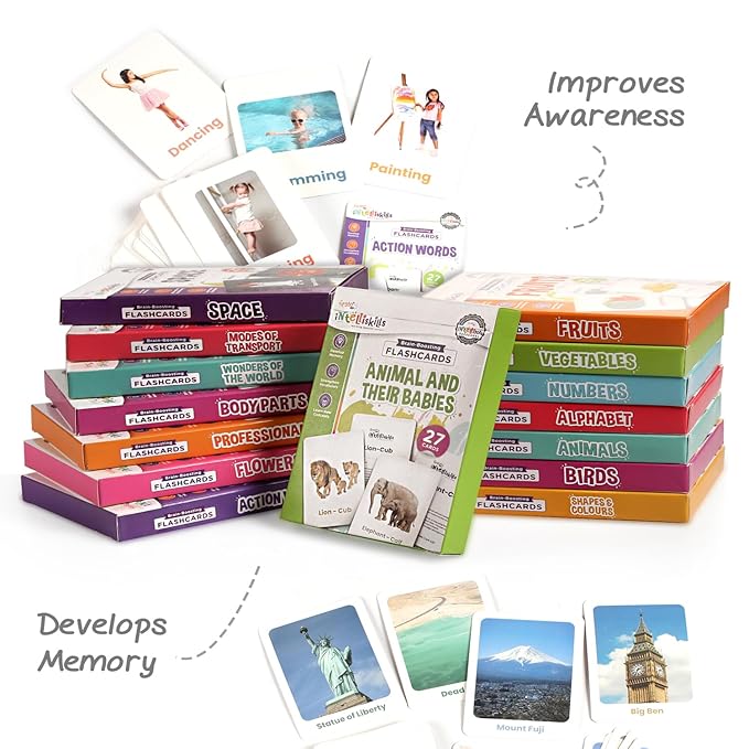 Firstcry Intelliskills Premium 15-in-1 Brain Boosting Non-tearable Flash Cards for Kids | 190 Cards | Montessori Education Toy for Toddlers