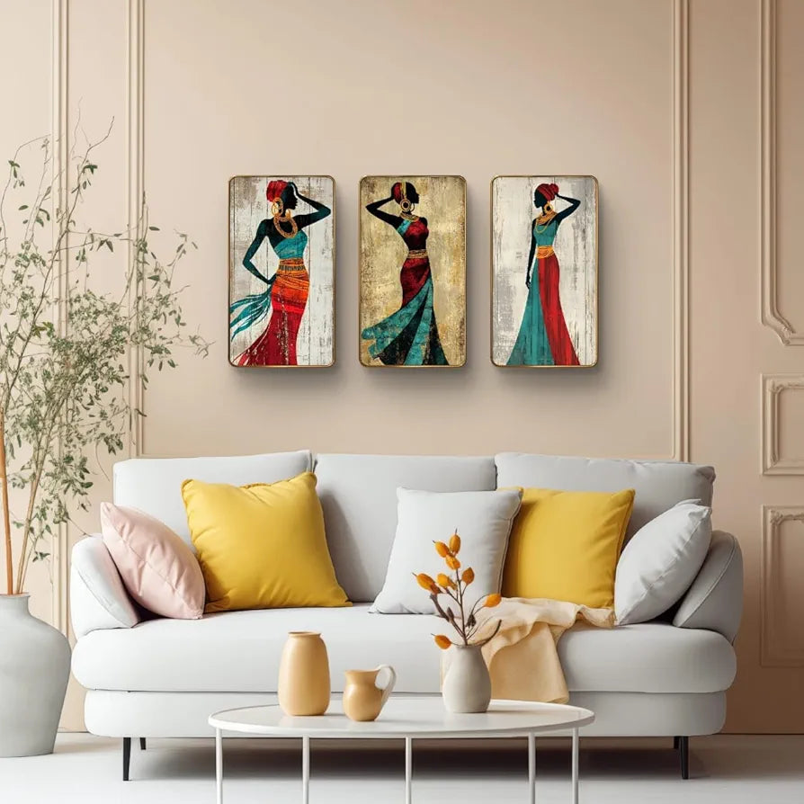 Livin'luxe Set of 3 Modern Art Madhubani Painting Premium Golden Framed Wall Paintings SG19