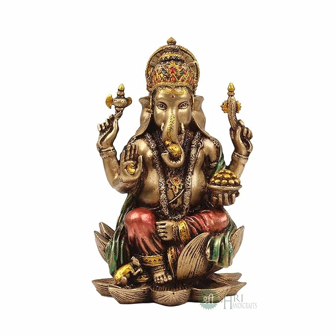 Indicast 7" Inch Cold Cast Resin Ganesh Showpiece Antique Decor | Metal Finish