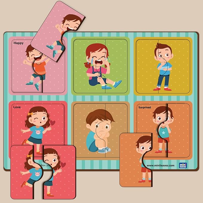 Mini Leaves 2 Pieces Wooden Puzzle for Kids | Emotions Jigsaw Puzzle | Set of 6 | Educational Toys for 2-year-old and Above