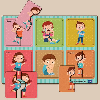 Mini Leaves 2 Pieces Wooden Puzzle for Kids | Emotions Jigsaw Puzzle | Set of 6 | Educational Toys for 2-year-old and Above