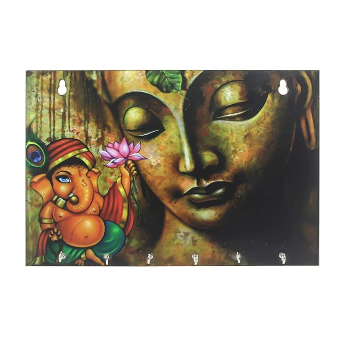 Ecraftindia Lord Ganesha Theme Wooden Key Holder With 6 Hooks