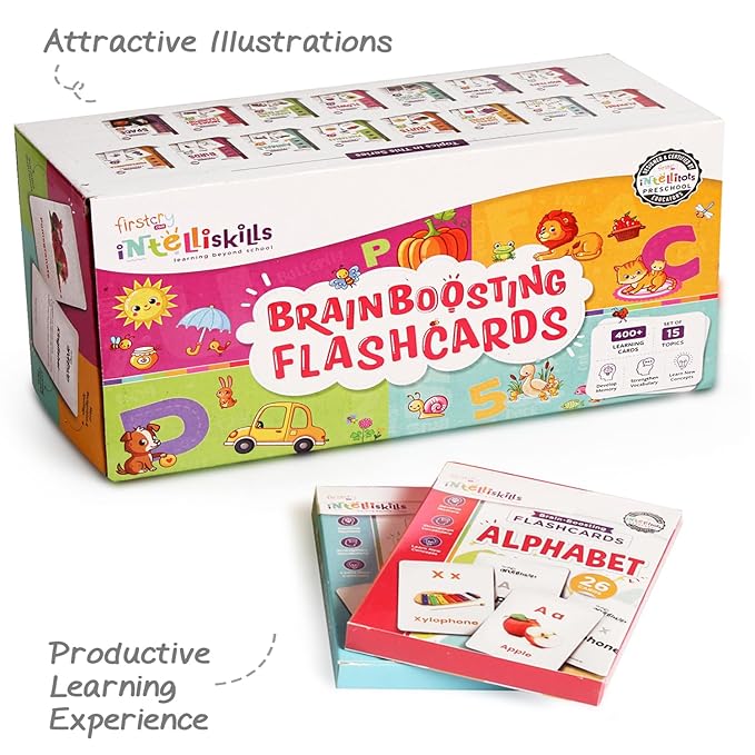 Firstcry Intelliskills Premium 15-in-1 Brain Boosting Non-tearable Flash Cards for Kids | 190 Cards | Montessori Education Toy for Toddlers
