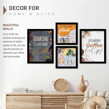 Kotart Kitchen Cooking is Love Funny Quotes Framed Wall Paintings / Posters with Frame Set of 4 multicolor