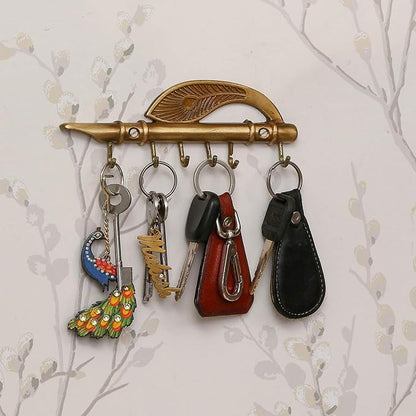 Ecraftindia Krishna Morpankh and Flute Design Brass Key Holder