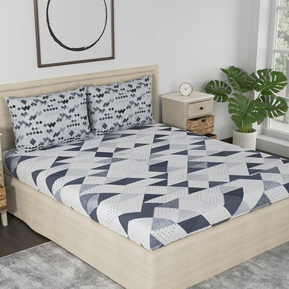 Huesland by Ahmedabad Cotton 186 TC Cotton Bedsheet for Double Bed King Size with 2 Pillow Covers | White & Grey