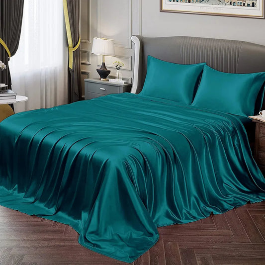 Cloth Fusion Satin Bedsheet for Queen Size Bed Set of 1 & 2 Pillow Covers Peacock Green