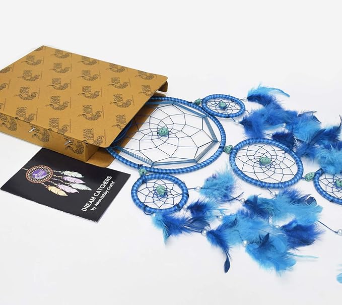 Asian Hobby Crafts Handcrafted Dream Catcher Wall Hanging With Natural Feathers Traditional Blue Boho Style for Room Decor