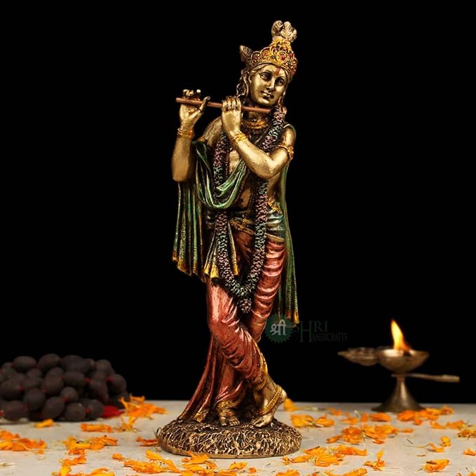 Indicast 10" Inch Cold Cast Resin Krishna Showpiece Antique Decor Thakur Ji for Gifting Purpose