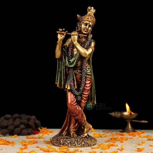 Indicast 10" Inch Cold Cast Resin Krishna Showpiece Antique Decor Thakur Ji for Gifting Purpose