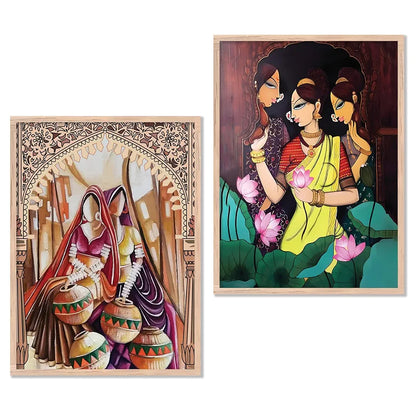 Kotart Traditional Woman Painting with Frame Madhubani Art Painting Pack of 2