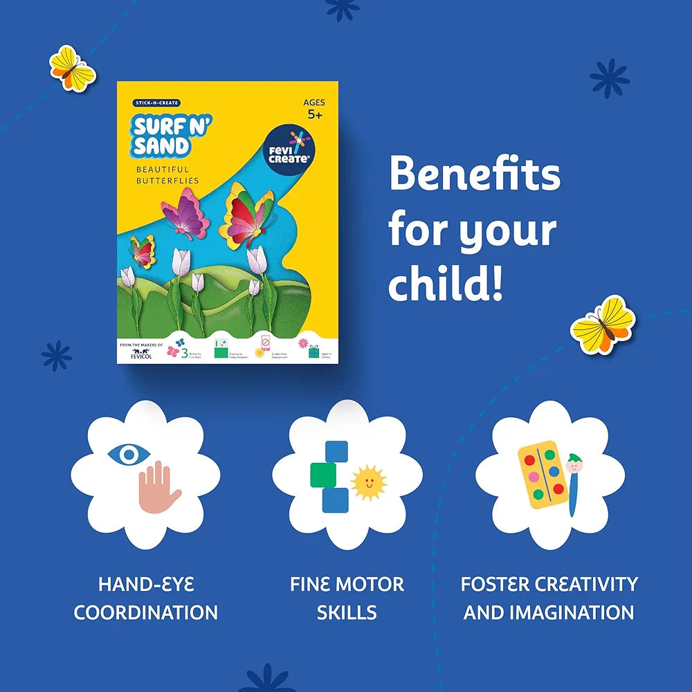 Fevicreate Sand Art Butterflies Art & Craft Kit | Includes Butterfly Templates, Multi-Coloured Sand, Magnet Strip, Spatula & More | by Fevicol | Best Gift for Boys & Girls Age 5+ | Return Gift