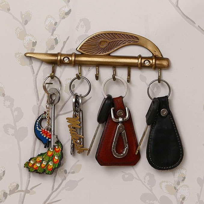 Ecraftindia Krishna Morpankh and Flute Design Brass Key Holder