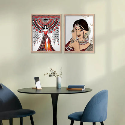 Kotart Indian Woman Digital Painting with Frame Traditional Painting Pack of 2