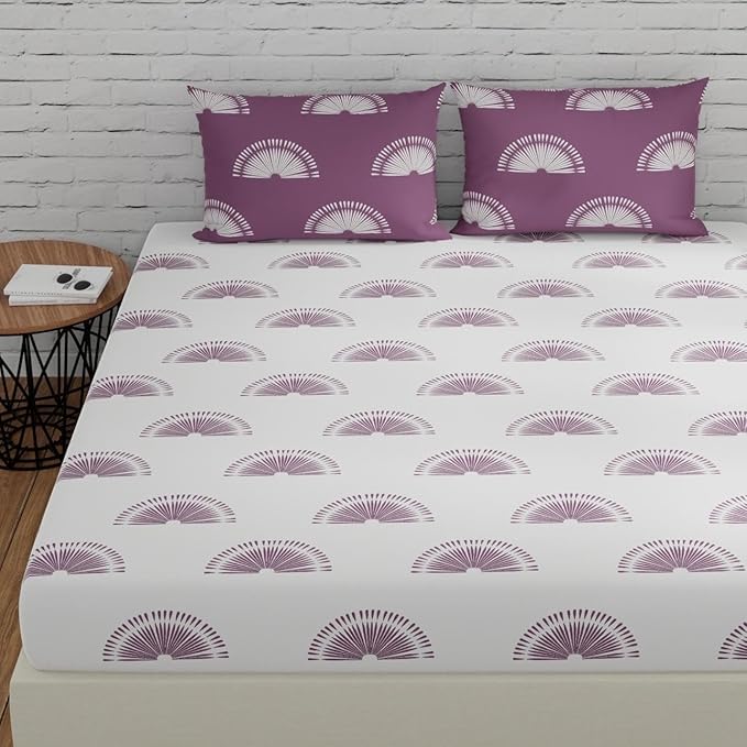 Huesland by Ahmedabad Cotton 144 TC King Size Bedsheet Cotton with 2 Pillow Covers | Sunrise | White & Grape Purple