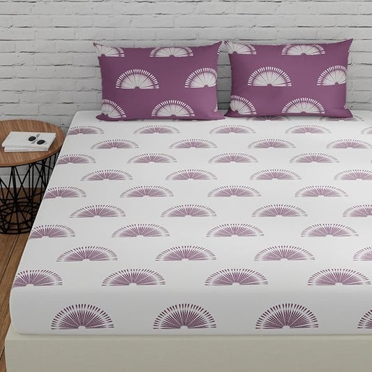 Huesland by Ahmedabad Cotton 144 TC King Size Bedsheet Cotton with 2 Pillow Covers | Sunrise | White & Grape Purple