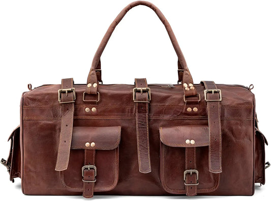 Goatter Genuine Leather Multi Pockets Travel Overnight 22" Duffle Bag for Men Large Size
