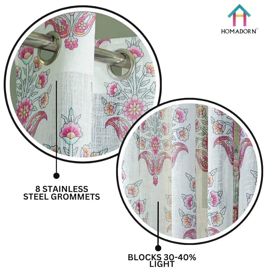 Homadorn Linen Sheer Printed Semi Transparent Curtains for Window Set of 2 Fuchsia fusion