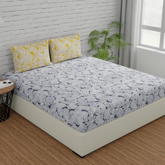 Huesland by Ahmedabad Cotton 144 TC Bedsheet for King Size Bed with 2 Pillow Covers | Grey & Yellow
