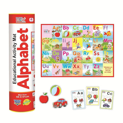 Clever Kids Educational Alphabet Activity Mat  with 13 Both Sides Printed Flash Cards & 26 Transport Vehicle eva Cutouts with Velcro.