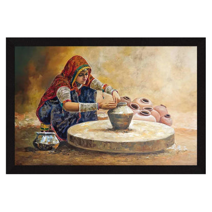 ArtX Paper Rajasthani Village Women Framed Wall Art Painting