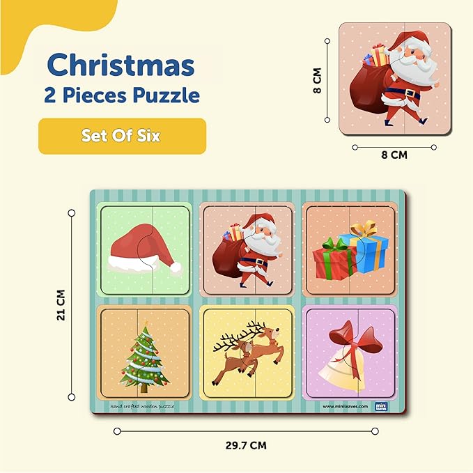 Mini Leaves 2 Piece Puzzle for Kids | Christmas Jigsaw Puzzle | Set of 6 Wooden Puzzles for Kids | Educational Toys for Kids