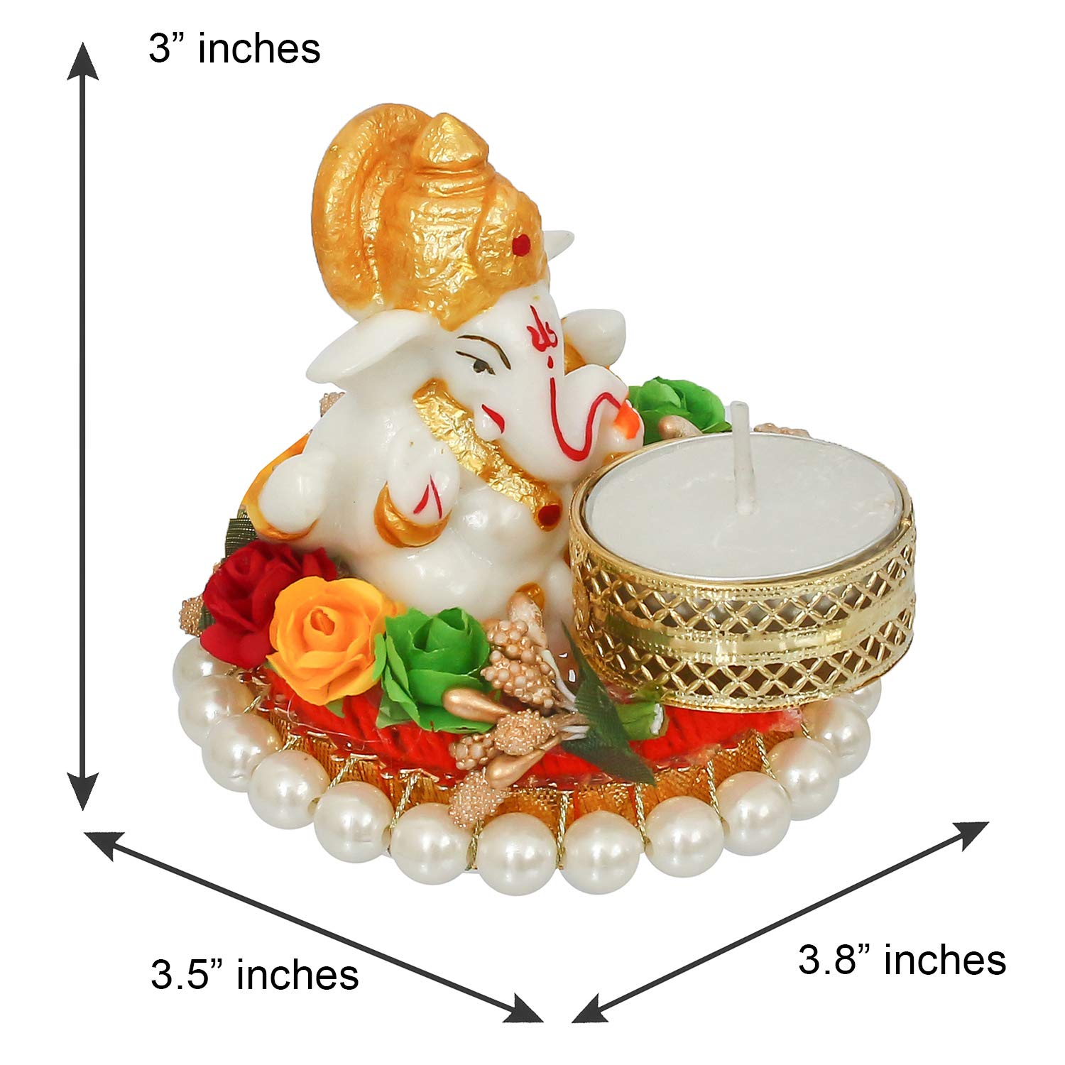 Ecraftindia Resin Lord Ganesha Idol on Decorative Plate Tea Light Holder | Ganesha Statue for Puja Room