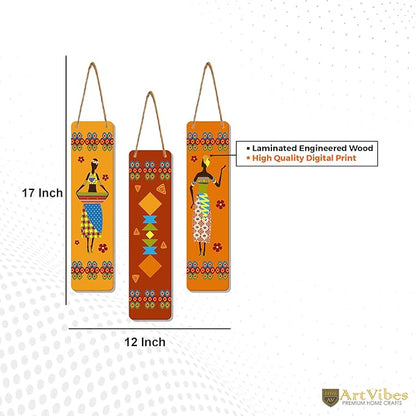 Artvibes African Warli Art Designer Wooden Wall Hanging Decoration Items for Home | Set of 3