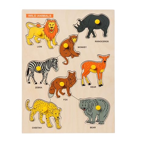 Dreamzberry Wooden Puzzles for Kids Colorful Wild Animal Kids Puzzle with Wooden Knob Learning
