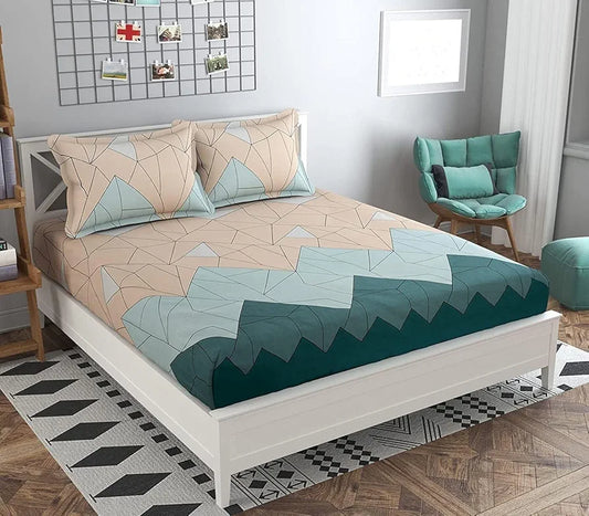 Fresh From Loom King Size Microfiber Bedsheet Set Printed with 2 Pillow Covers 144 TC Beige Green