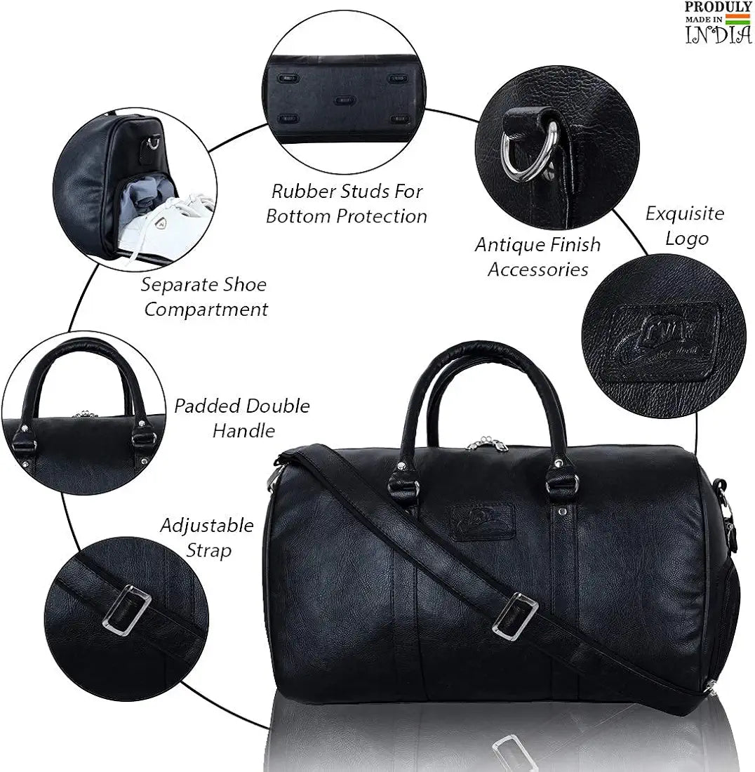 Leather World 46 L Vegan Textured Leatherette Stylish & Spacious Weekender Travel Duffle Luggage Bag with Detachable Shoulder Strap for Men & Women, Black