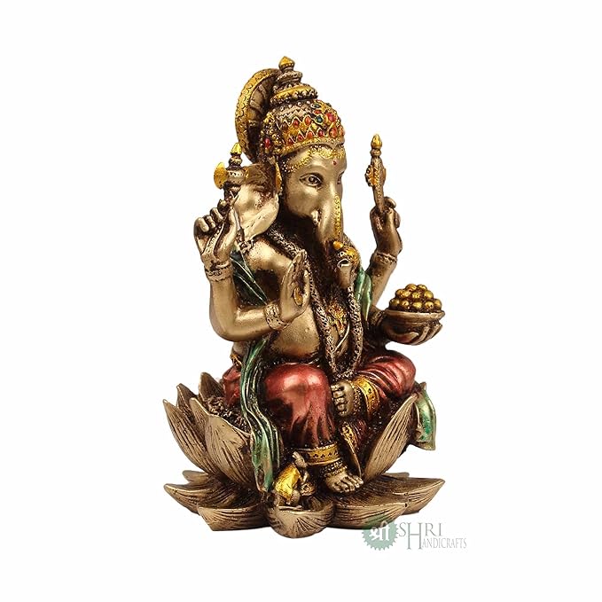 Indicast 7" Inch Cold Cast Resin Ganesh Showpiece Antique Decor | Metal Finish