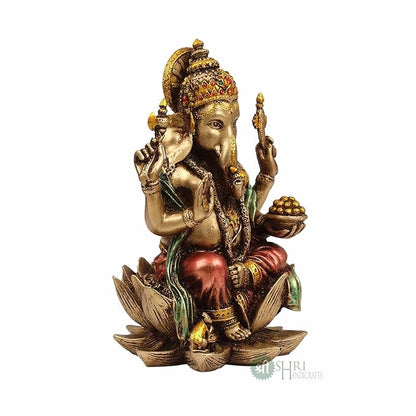 Indicast 7" Inch Cold Cast Resin Ganesh Showpiece Antique Decor | Metal Finish
