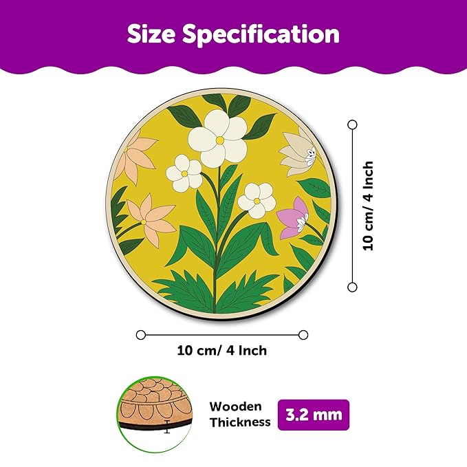 Mini Leaves Colorful Round and Square Pichwai Wooden DIY Tea Coaster Art and Craft Paint Kit | Advanced Level