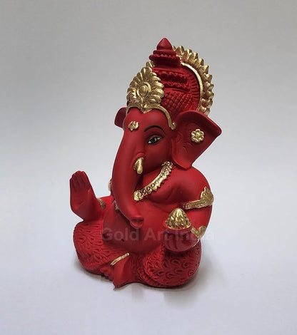 Gold Art India Mukut Ganesha Idol for Car Dashboard Maroon Red and Gold Small Ganesha Murti