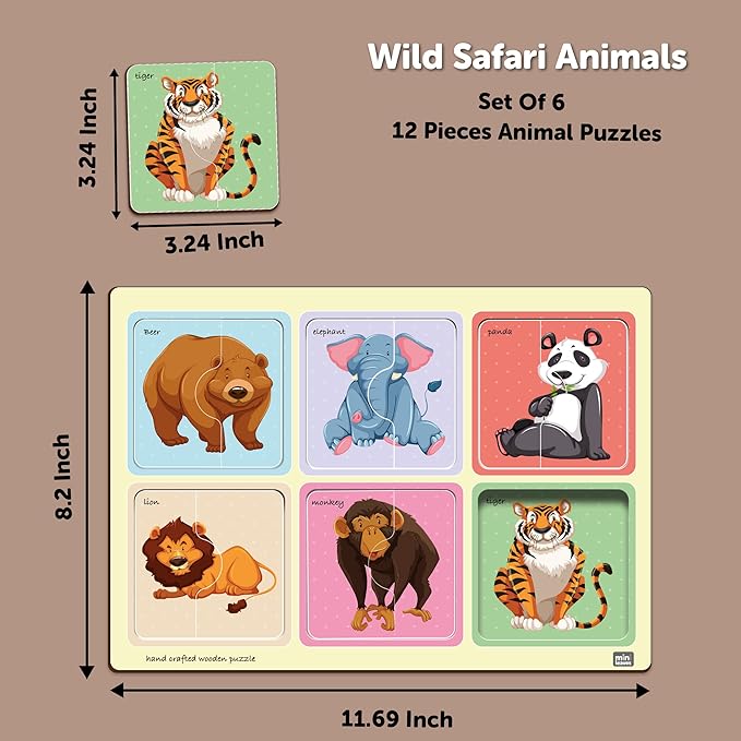 Mini Leaves 2 Piece Puzzle for Kids | Safari Animals Jigsaw Puzzle | Set of 6 Wooden Puzzles for Kids | Educational Toys for Kids