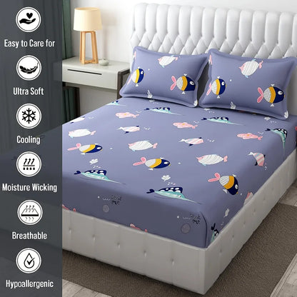 Fresh From Loom Bed Sheet Cartoon Printed Double Bedsheets King Size with 2 Pillow Cover 144 TC Grizzlies