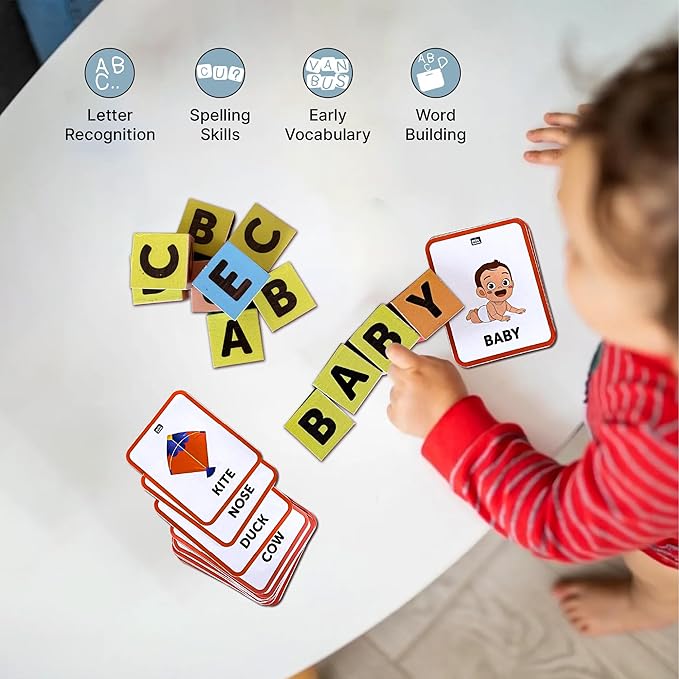 Mini Leaves Wooden Cube Blocks Learning Game With Flash Cards| Educational Toys for Kids 3+ Years | Spelling and Word Building Game