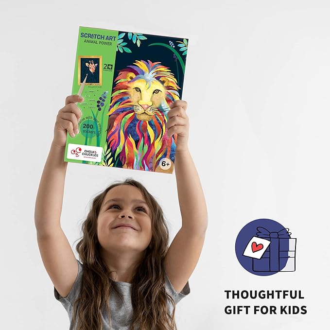 Chalk and Chuckles Animal Power Scratch Art Kit for Kids 6-12 With Stickers | Diy Activity Travel Toys for Kids