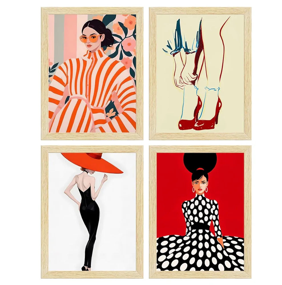 ArtX Paper Women Fashion Art Paintings with Frames Fashion-SO4-01 Set of 4