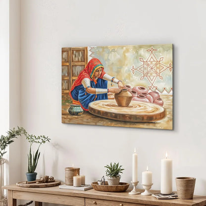 ArtX Paper Woman Making Pots AXDMD-0102-VIL Indian Village Scene Nature Wall Art Painting