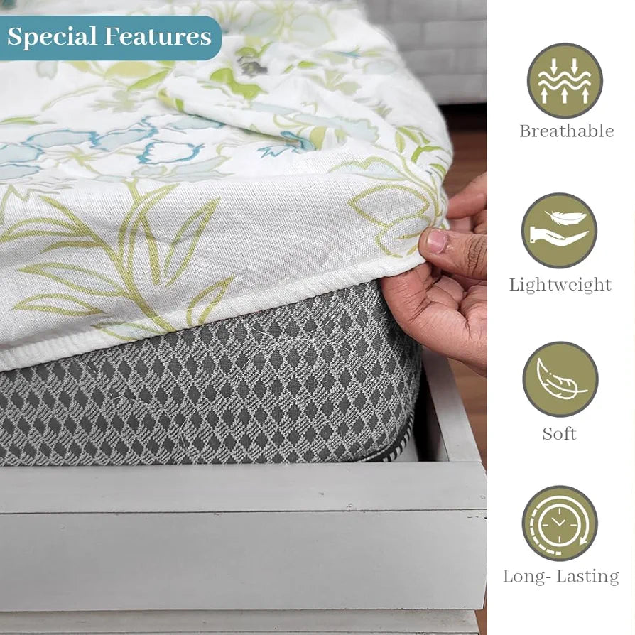 Divine Casa 144 TC 100% Cotton Floral Print Green Super Soft Fitted Bedsheets for Double Bed