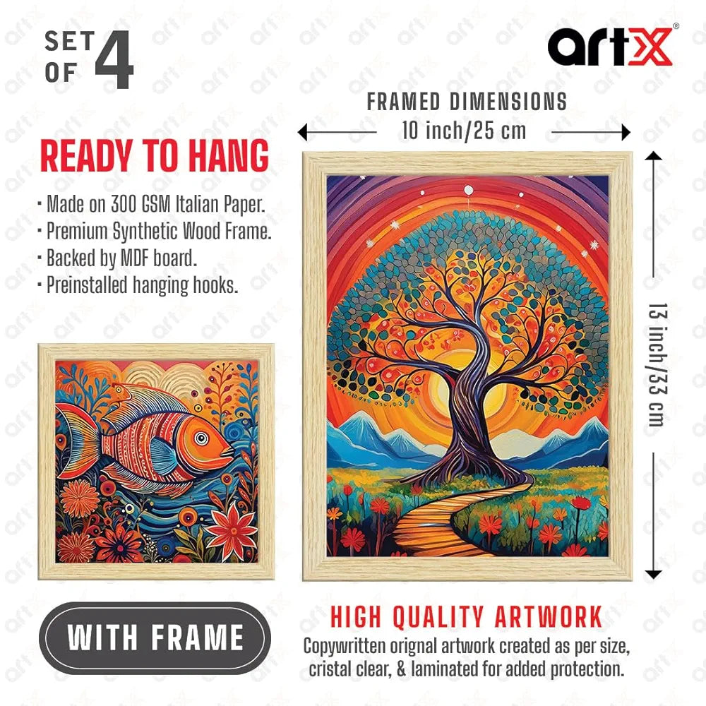 ArtX Paper Madhubani Madhubani-SO4-04 Art Paintings with Frame Multicolor Set of 4