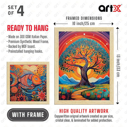 ArtX Paper Madhubani Madhubani-SO4-04 Art Paintings with Frame Multicolor Set of 4