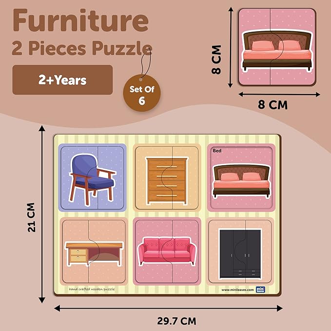 Mini Leaves 2 Piece Puzzle for Kids | Furniture Jigsaw Puzzle | Set of 6 Wooden Puzzles for Kids | Educational Toys for Kids