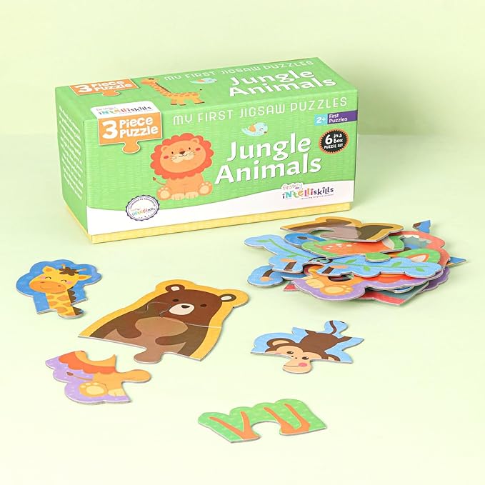 Firstcry Intelliskills First Puzzles-jungle Animals Theme | 6 Jigsaw Puzzle Set 3 Pcs Each | Pre-school Learning & Educational Puzzle Set