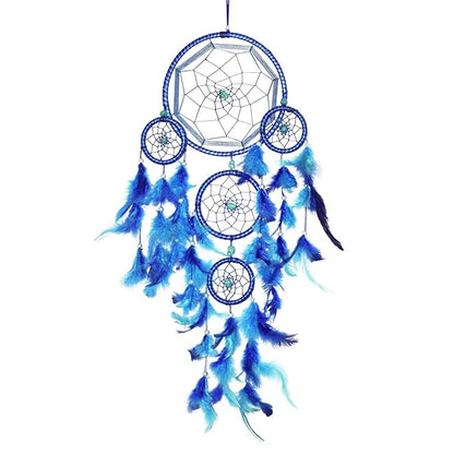 Asian Hobby Crafts Handcrafted Dream Catcher Wall Hanging With Natural Feathers Traditional Blue Boho Style for Room Decor