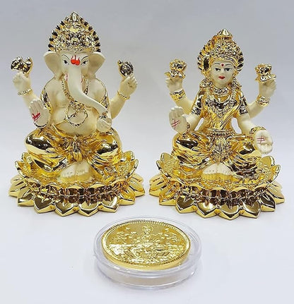 Gold Art India Kamal Laxmi Ganesh Gold Plated Off White Terracotta Idol for Home Gold Plated Coin